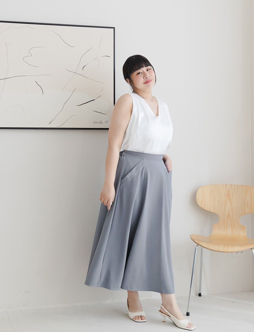 MISS. Contrast Stitch A-Line Back Elastic Waist Plus Size Maxi Skirt