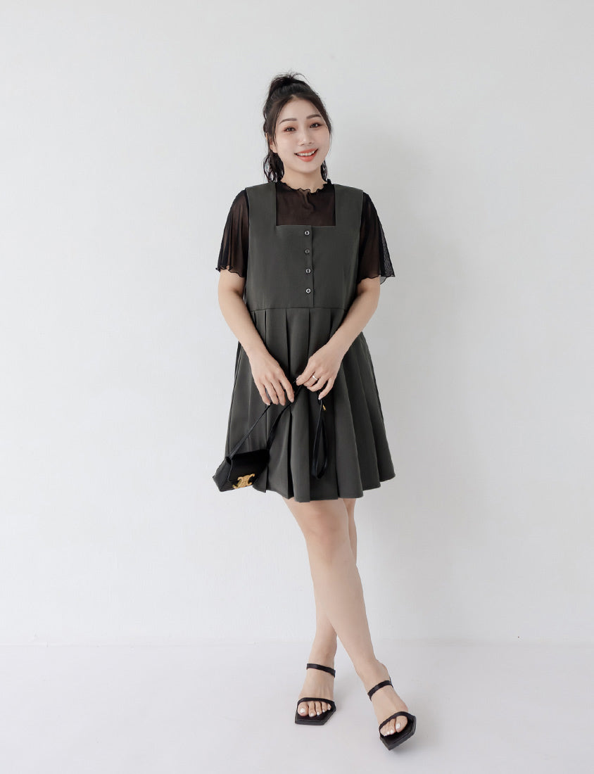 Square Neck Button Pleated Plus Size Mini Dress