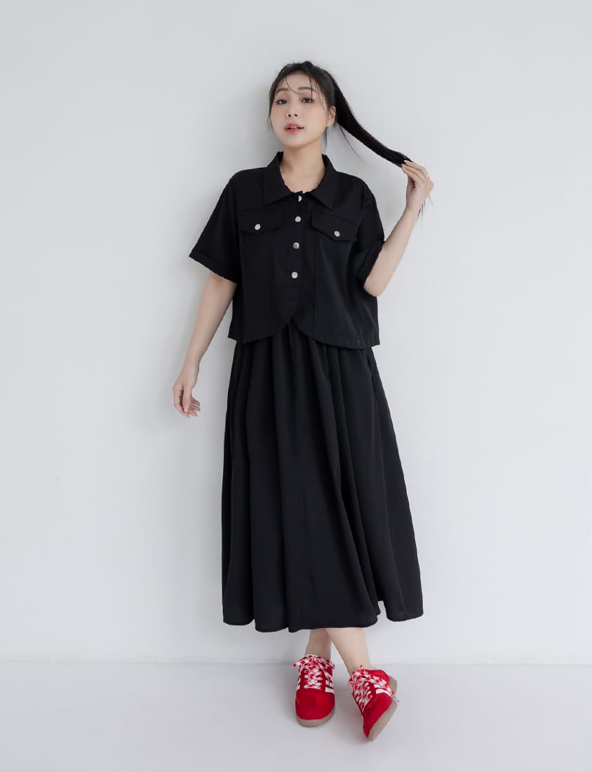 Curved Hem Stitched Plus Size Cuffed Shirt