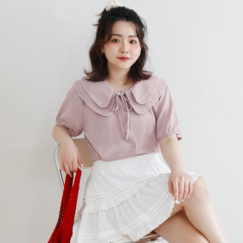 Double Layer Collar Tie Puff Sleeve Plus Size Blouse