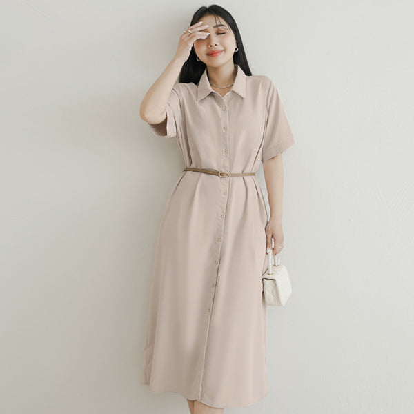 MISS. Button Twill Collar Plus Size Short Sleeve Dress (with Belt)