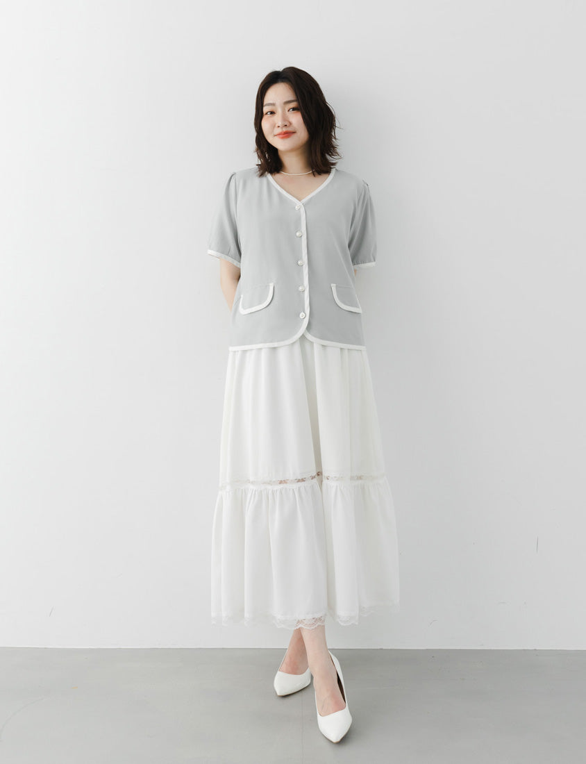 MISS. Elegant Contrast Trim Pearl Button Plus Size Top