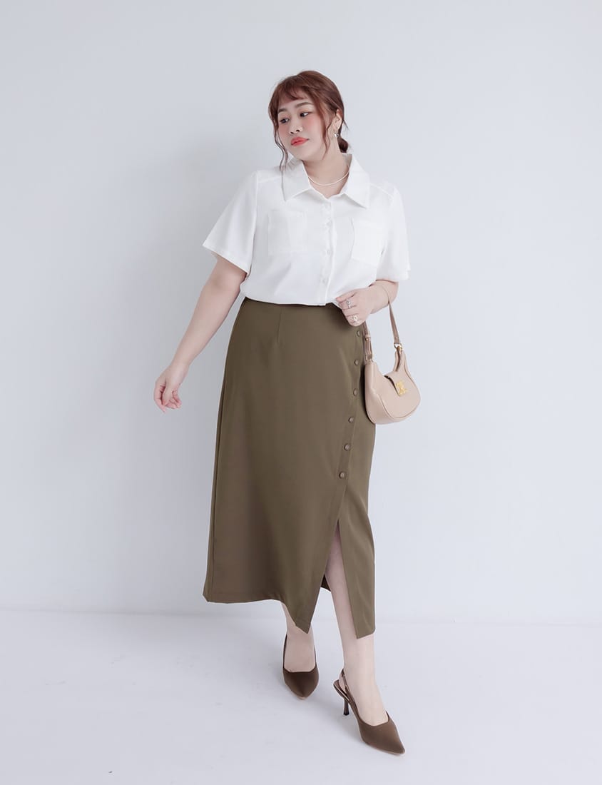 MISS. Korean Style Asymmetrical Button Slit Elastic Waist Plus Size Maxi Skirt