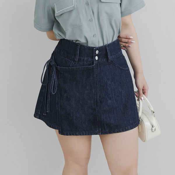 High-Waist Double Button Asymmetric Tie Plus Size Skort