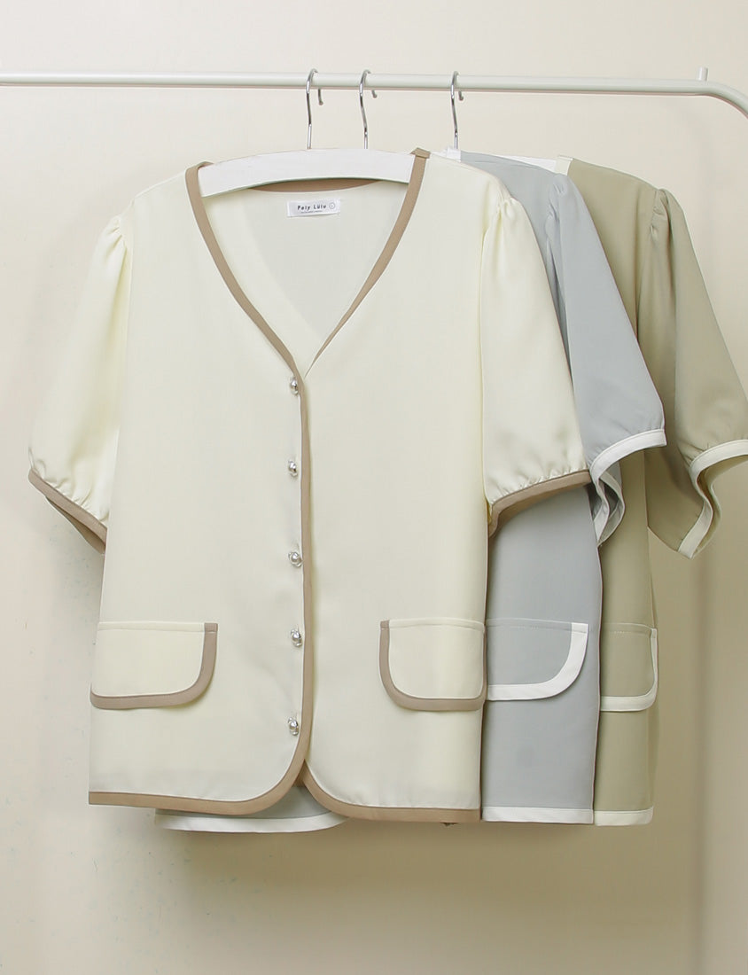 MISS. Elegant Contrast Trim Pearl Button Plus Size Top
