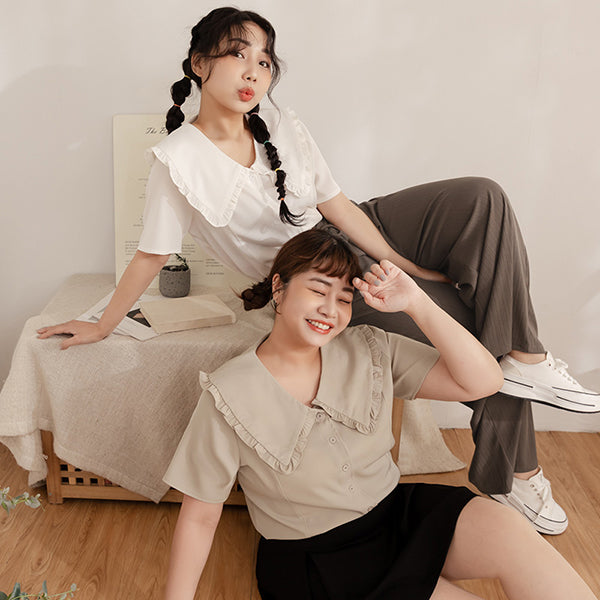 Playful Large Ruffle Collar Plus Size Short Sleeve Top