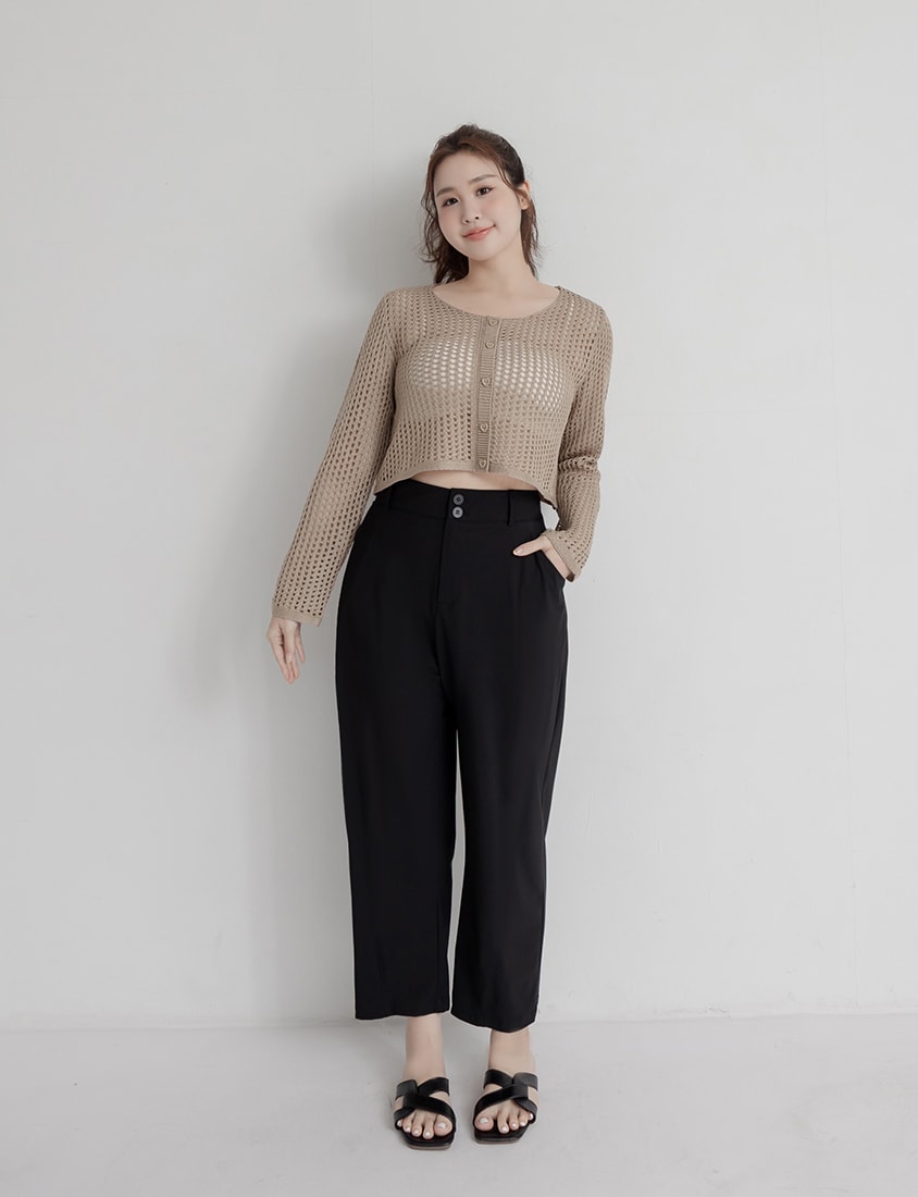 Knit Eyelet Hollow Faux Button Plus Size Top