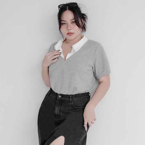 MUA! Space Cotton Color-Block Zipper Faux Two-Piece Plus Size Top