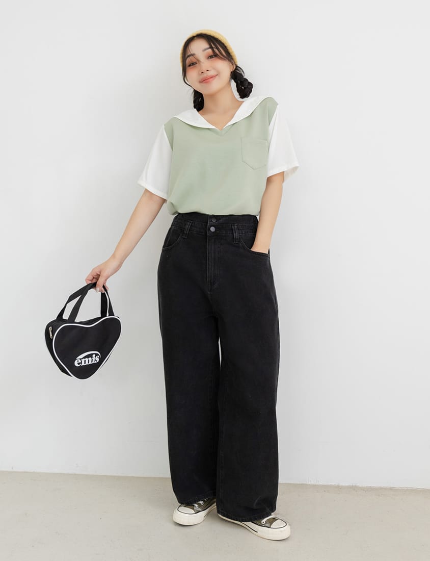 Space Cotton Sailor Collar Faux Two-Piece Plus Size Top