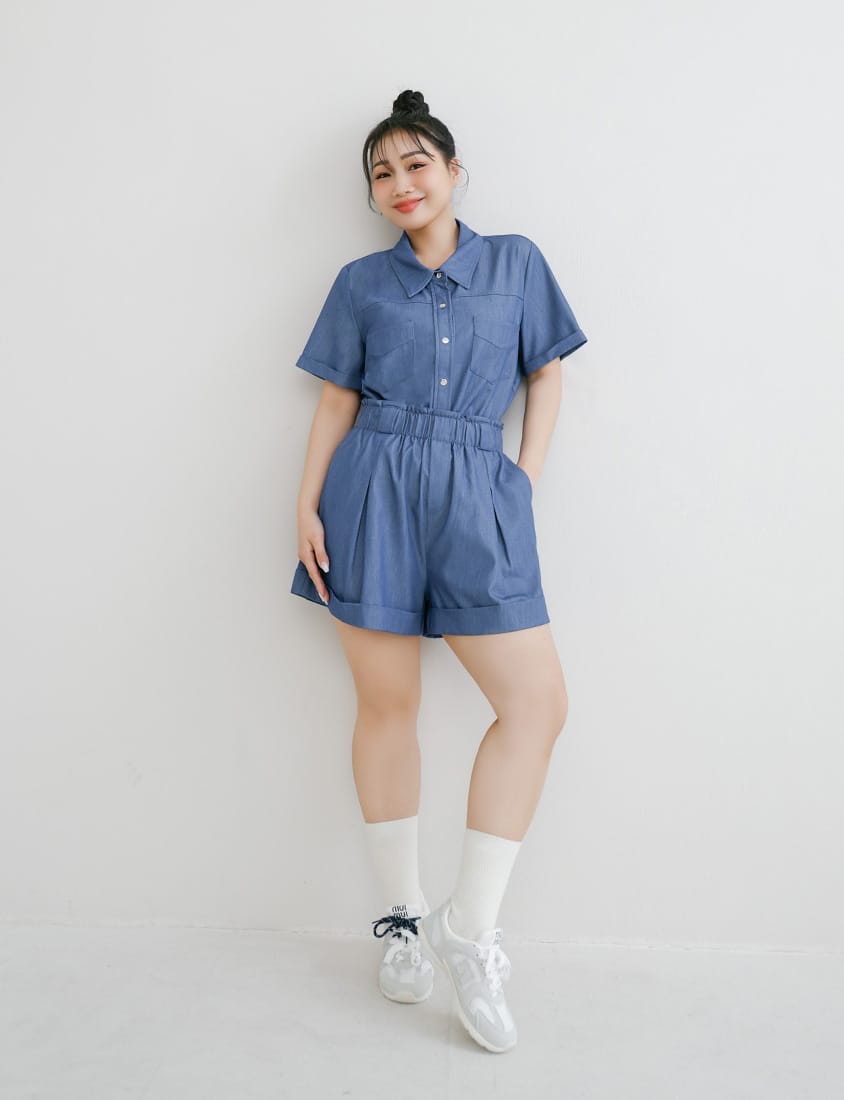 Korean-Style Faux Denim Bubble Hem Plus Size Shorts