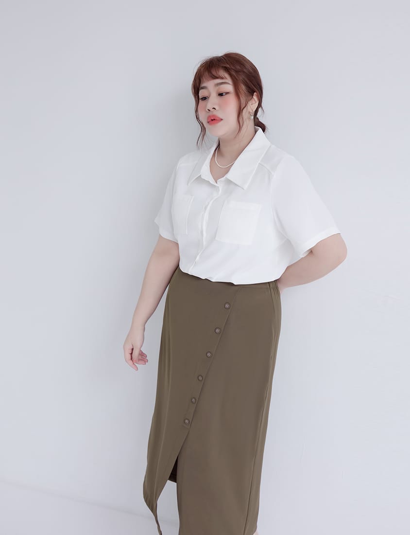 MISS. Korean Style Asymmetrical Button Slit Elastic Waist Plus Size Maxi Skirt