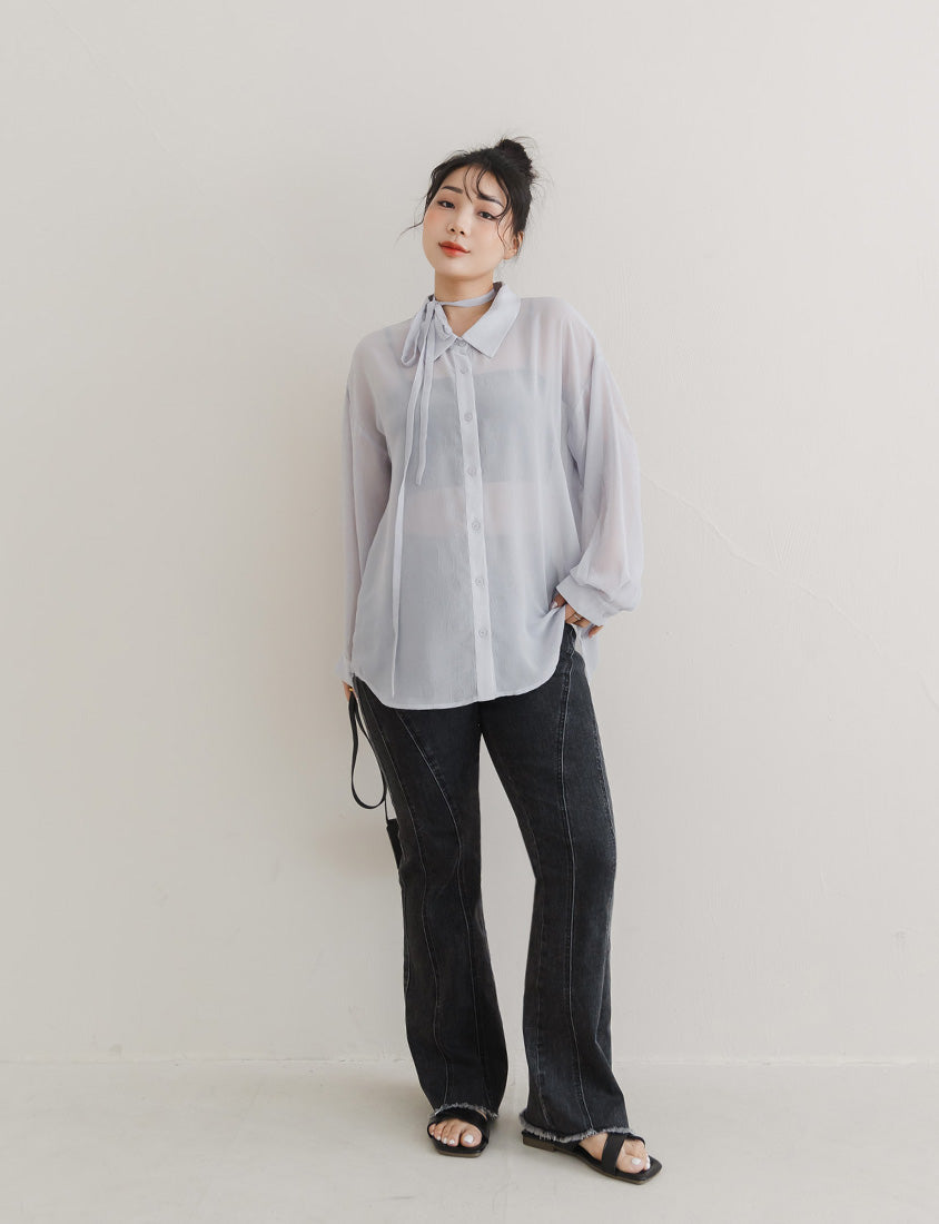 Flowy Crinkled Sheer Plus Size Blouse (With Tie)