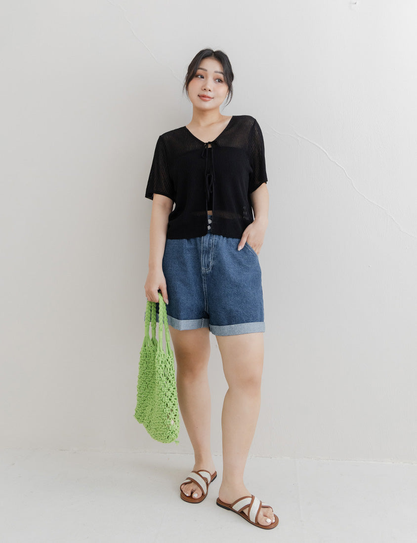 Front Tie Sheer Hollow Plus Size Knit Cardigan