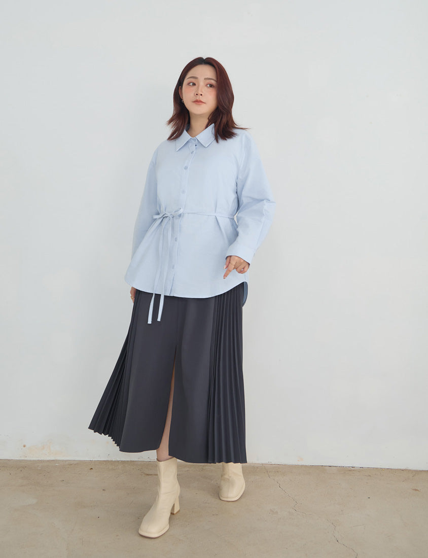 MISS. Korean Oxford Longline Plus Size Shirt (with Waist Tie)