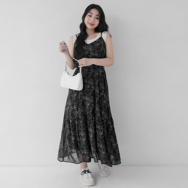 Adjustable Hand-Painted Floral Cami Dress (with Waist Tie)
