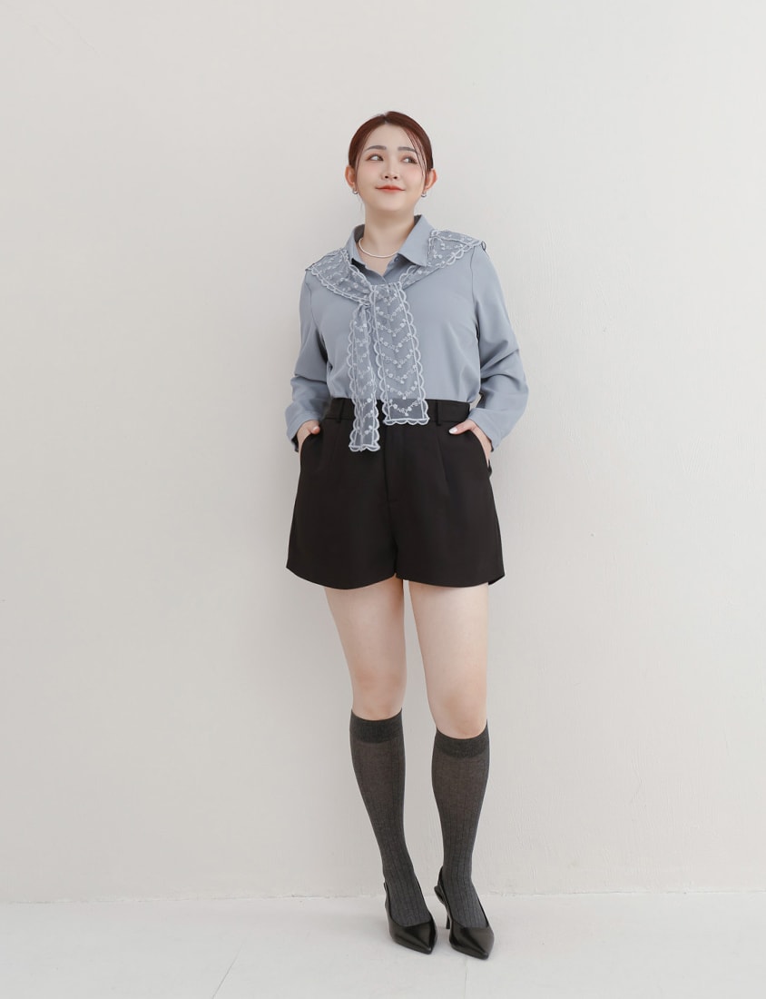 MISS. Two Piece Korean Style Lace Chiffon Plus Size Blouse (With Shawl)