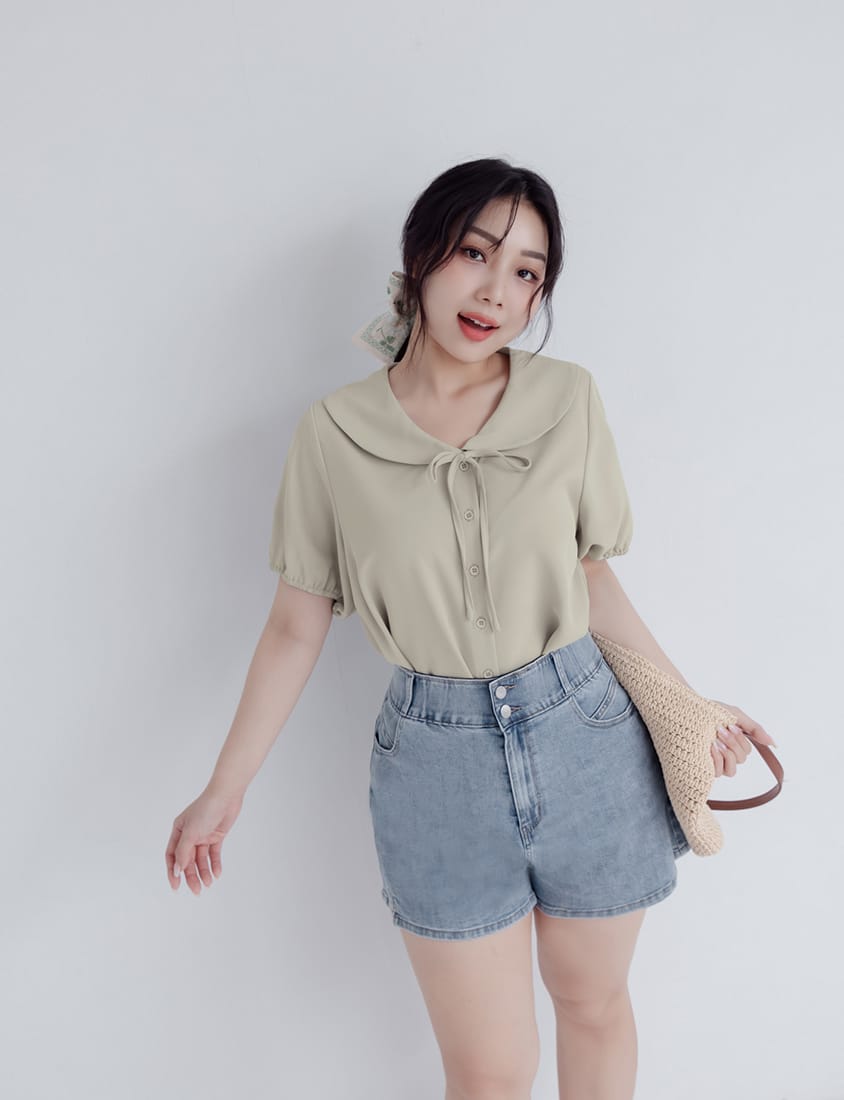 Sweet Front-Tie Oversized Plus Size Collar Blouse