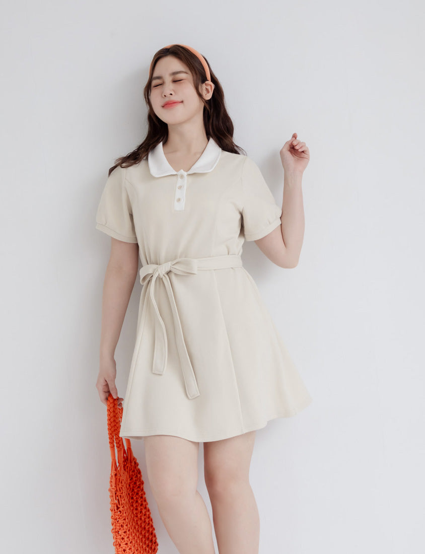 Color-Block Polo Collar Plus Size Mini Dress (With Belt)