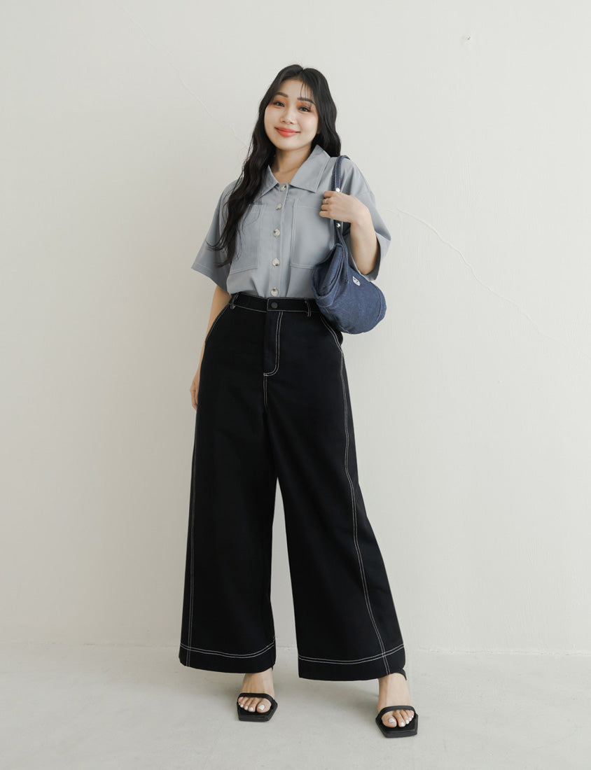Color-Block Stitched Twill Cotton Straight-Leg Plus Size Pants