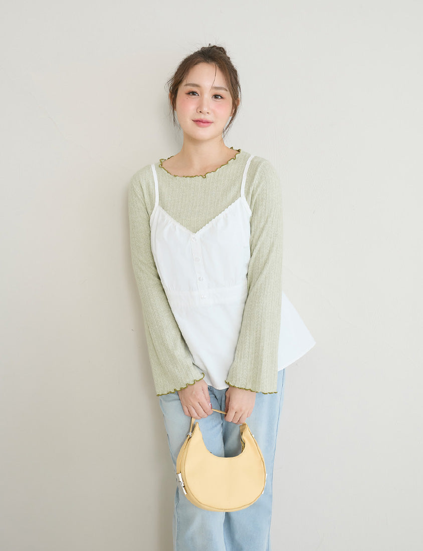 Contrast Lettuce-Edge Jacquard Plus Size Long Sleeve Top