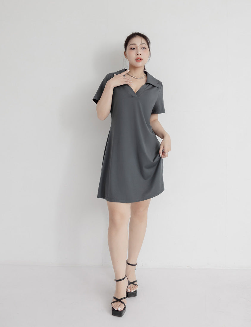 MUA! Chic Notched Collar Twill Plus Size Short Sleeve Dress