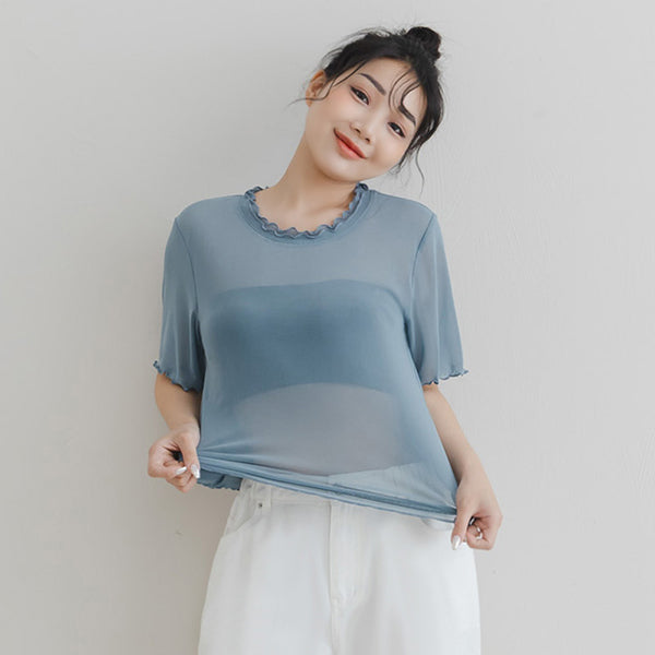 Double Layered Ruffle Sheer Stretch Plus Size Top