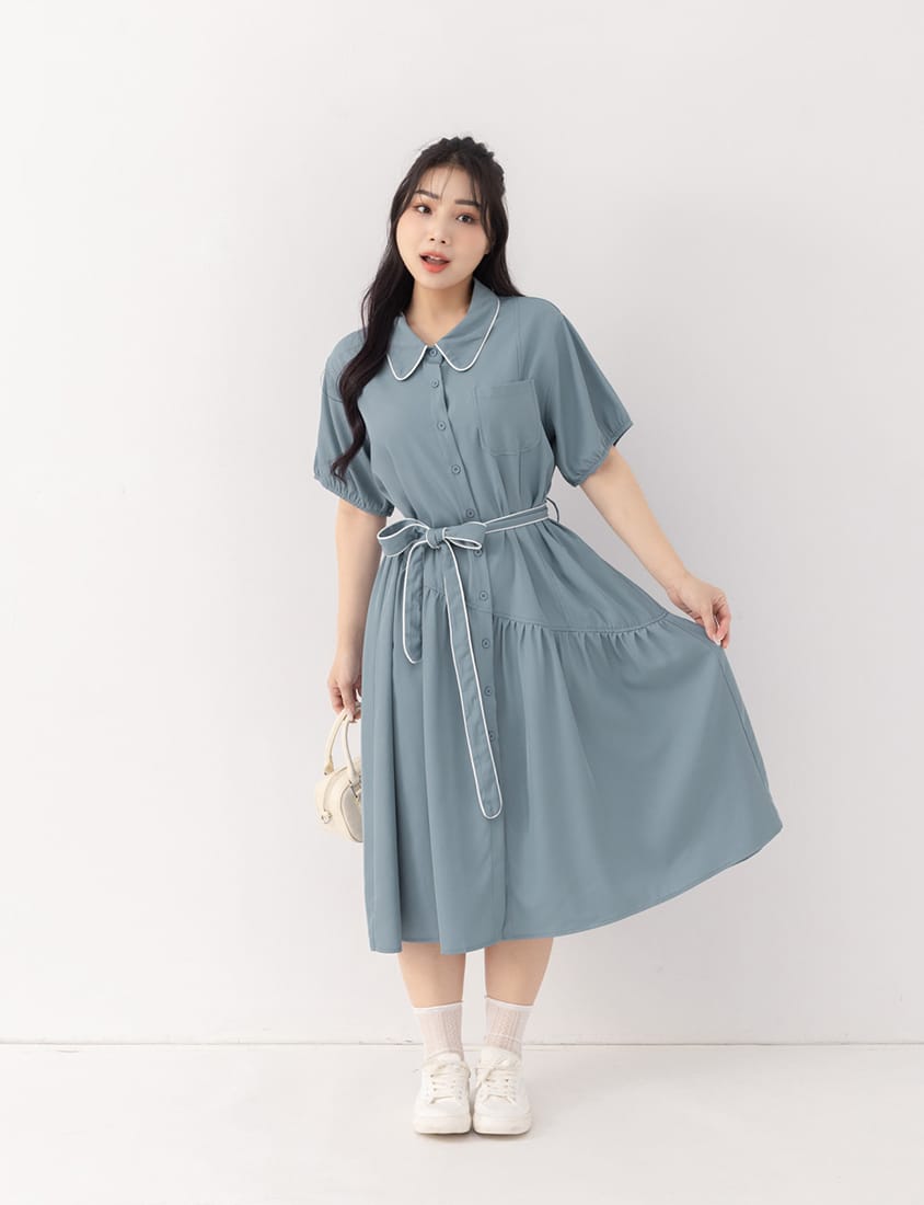 Color-Trimmed Plus Size Puff Sleeve Maxi Dress (With Waist Tie)