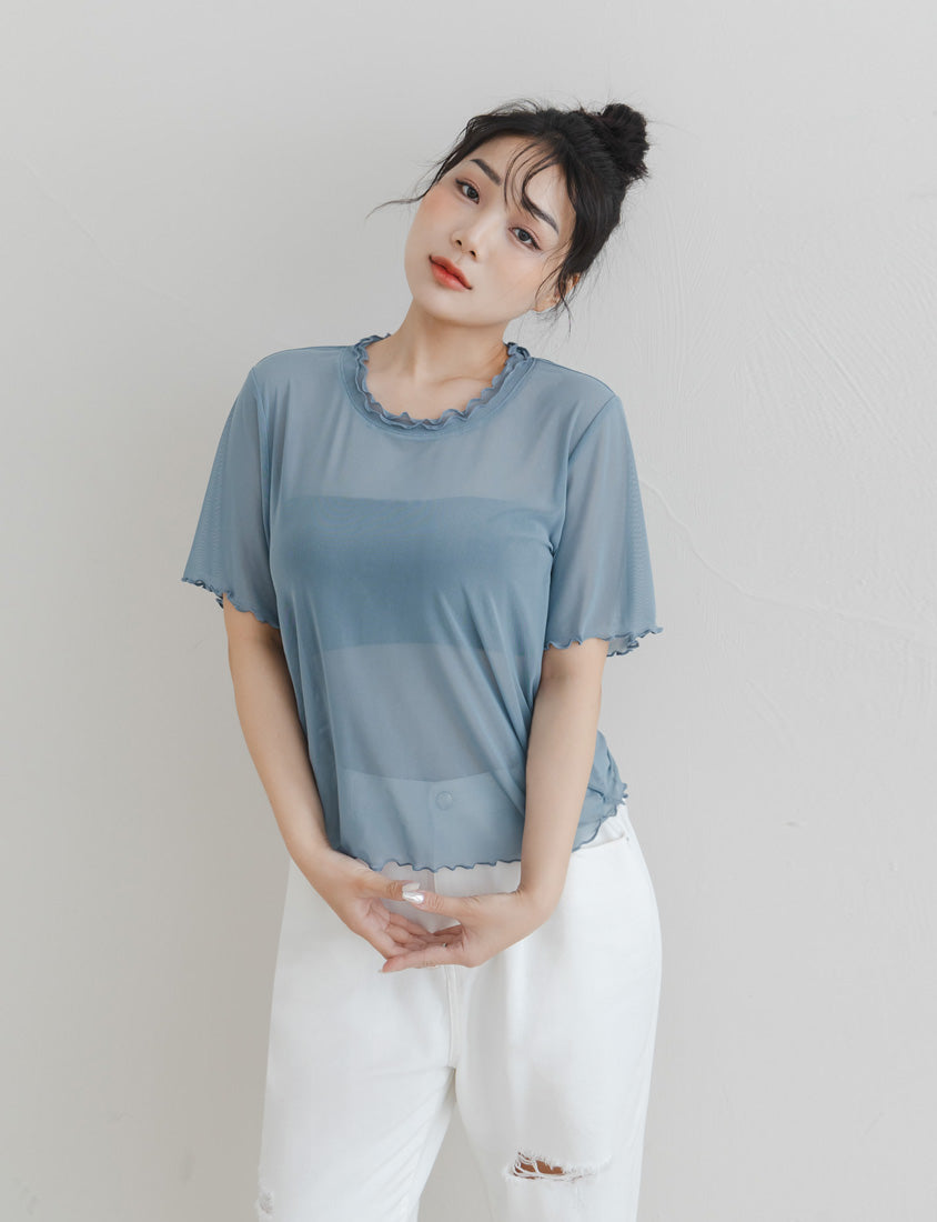 Double Layered Ruffle Sheer Stretch Plus Size Top