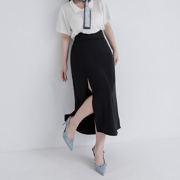 MISS.Ultra Waist-Sculpting Boned Back Elastic Front Slit Plus Size Maxi Skirt