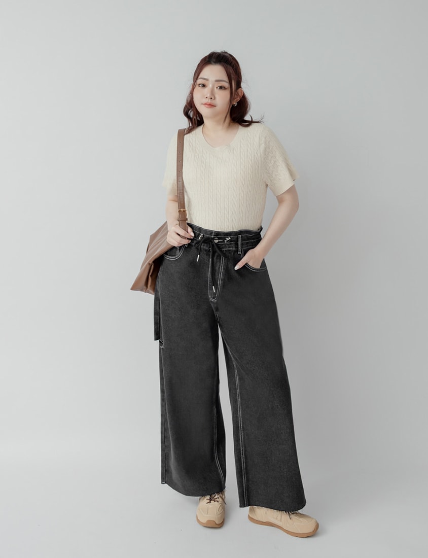 Edgy Contrast Drawstring Plus Size Distressed Jeans