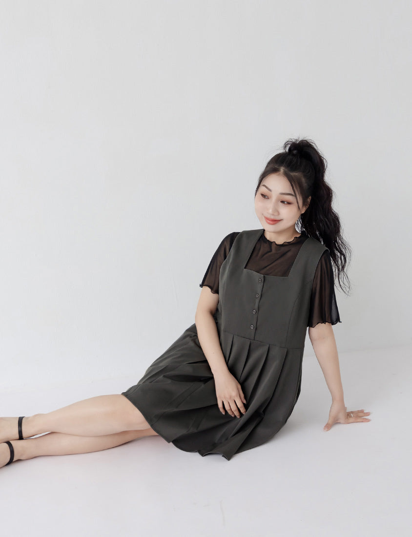 Square Neck Button Pleated Plus Size Mini Dress