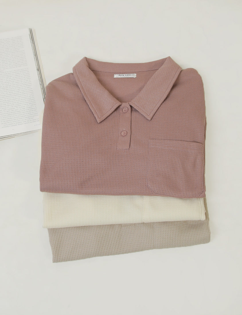 Skin-Friendly Waffle Knit Polo Plus Size Top