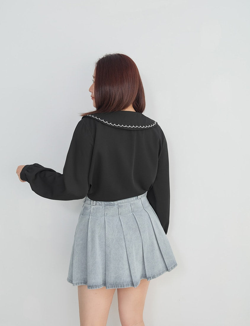 Contrast Embroidered Oversized Collar Plus Size Long Sleeve Shirt