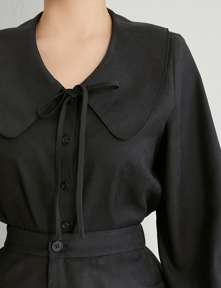 Sweet Multicolor Collar Tie Puff Sleeve Plus Size Shirt