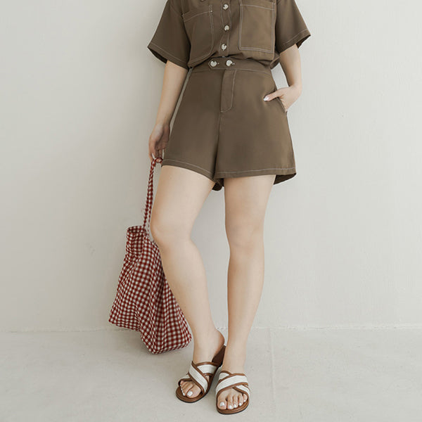Color-Block Stitching Waistband Twill Plus Size Shorts