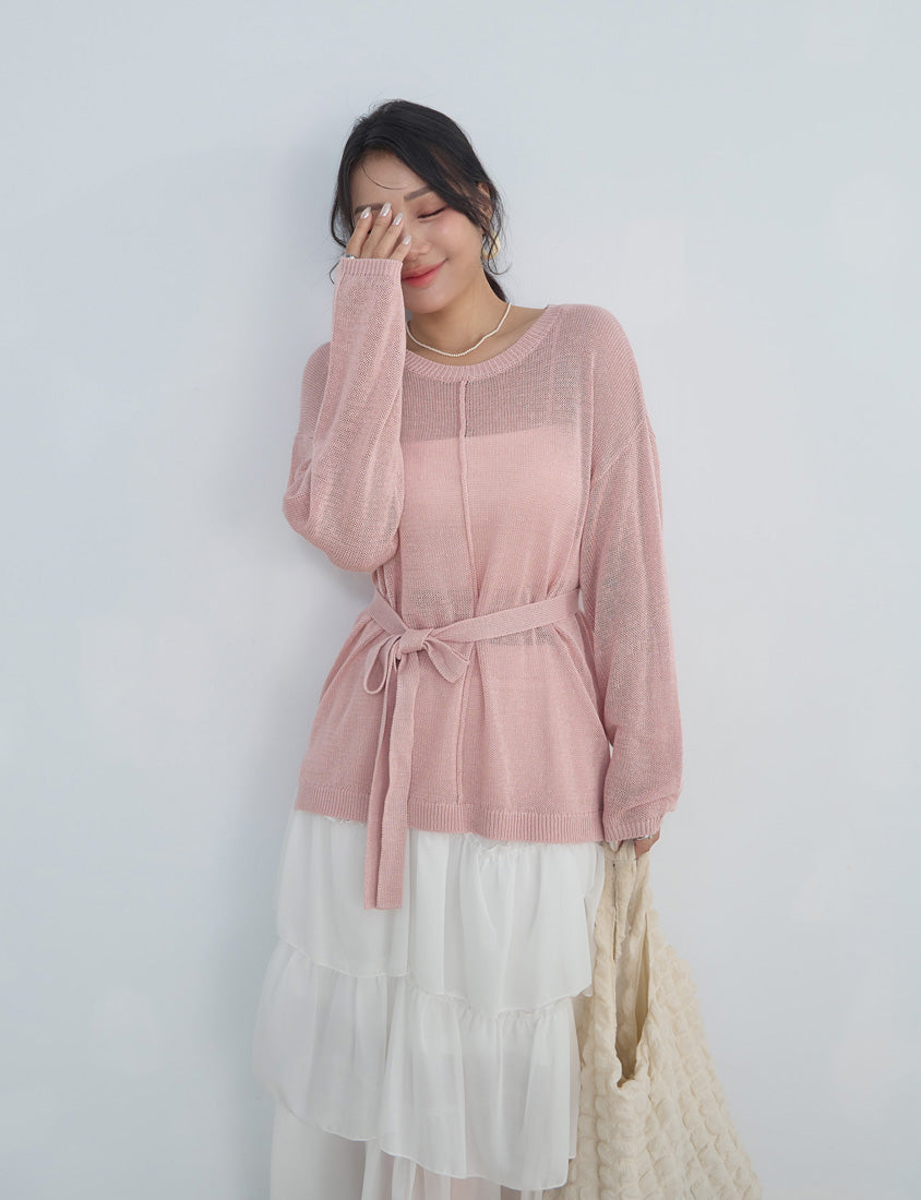 MISS. Korean Sheer Knit Plus Size Long Sleeve Top (with Waist Tie)