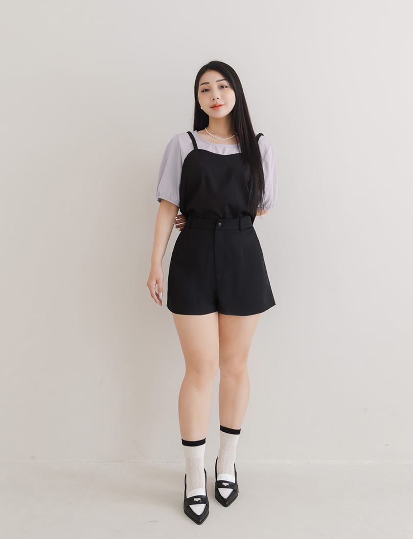 MISS. Faux Two-Piece Textured Puff Sleeve Top