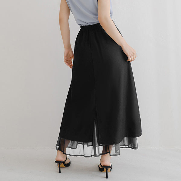 MISS. Back Elastic Waist Slit Multi-Layered Plus Size Maxi Skirt