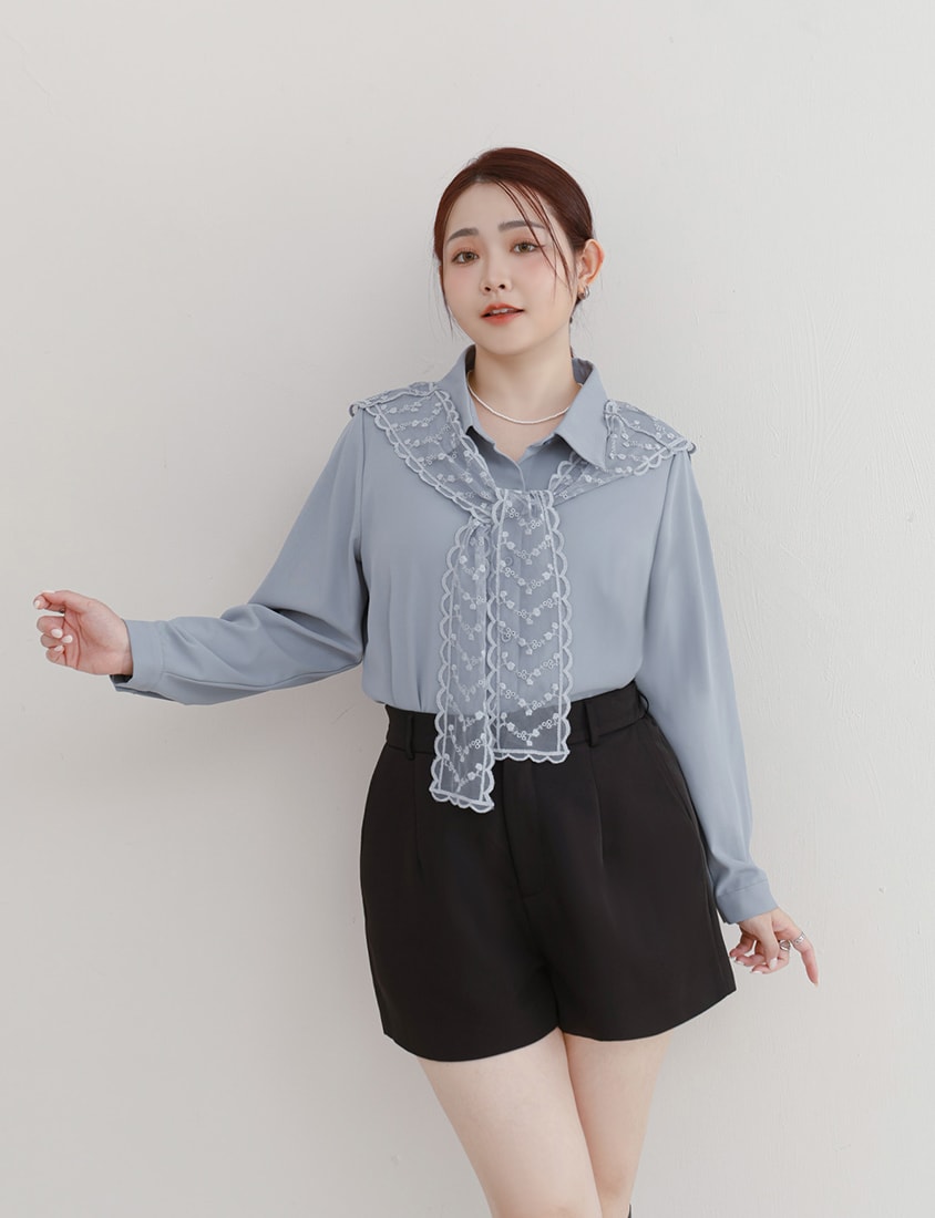 MISS. Two Piece Korean Style Lace Chiffon Plus Size Blouse (With Shawl)