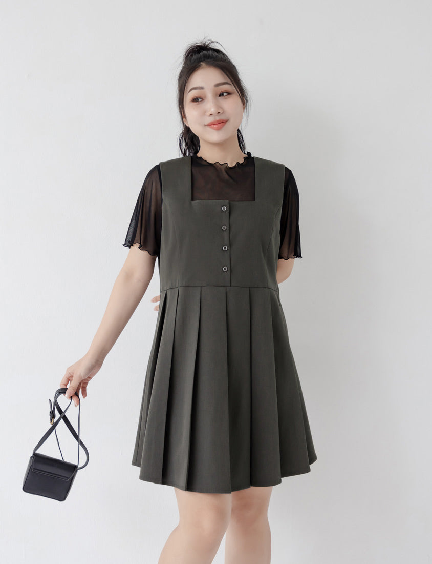 Square Neck Button Pleated Plus Size Mini Dress