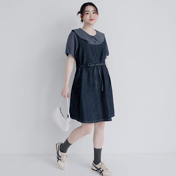 Faux Two-Piece Denim Collar Waist-Tie Plus Size Dress
