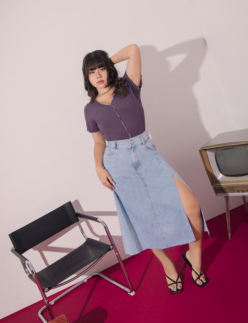 MUA! Front Slit High-Waist Denim A-Line Plus Size Maxi Skirt