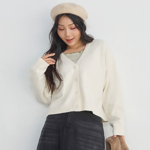 Classic V-Neck Multicolor Cropped Plus Size Knit Cardigan