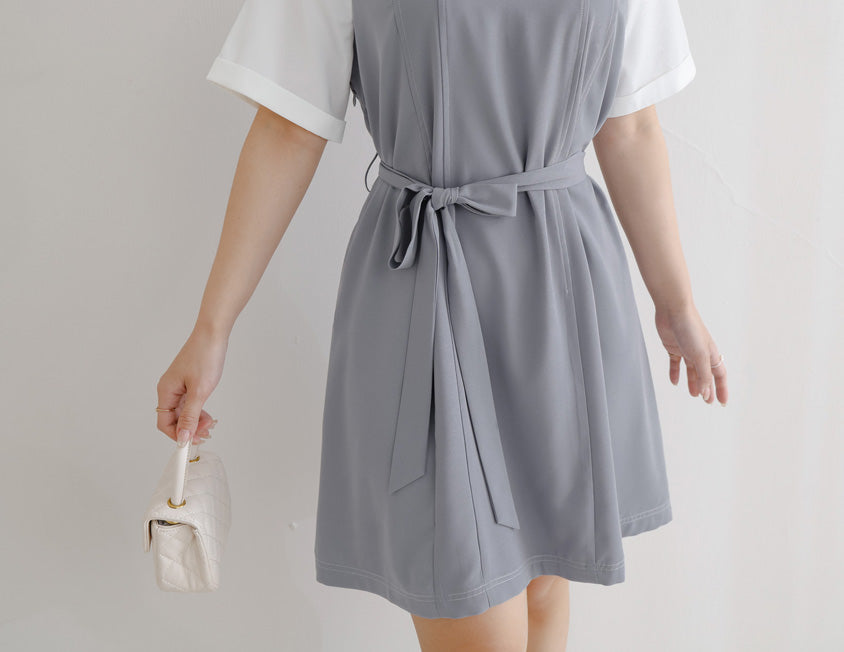 MISS. Faux Two-Piece Color-Block Stitching Plus Size Mini Dress (With Belt)