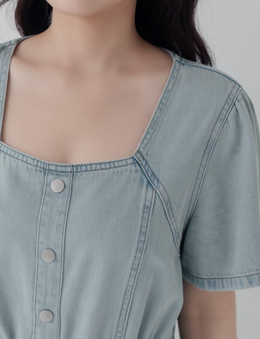 Square Neck Faux Button Elastic Waist Plus Size Denim Maxi Dress