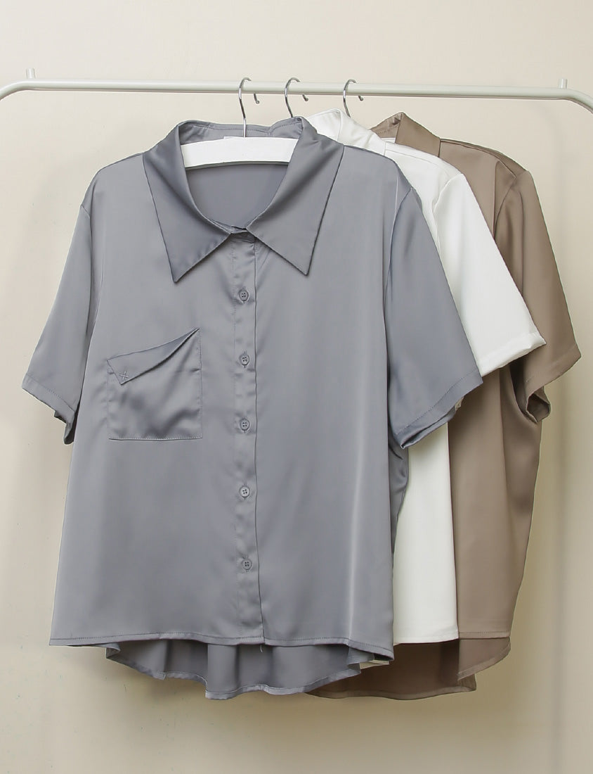 MISS. Elegant Pleat-Back Satin Plus Size Pocket Shirt