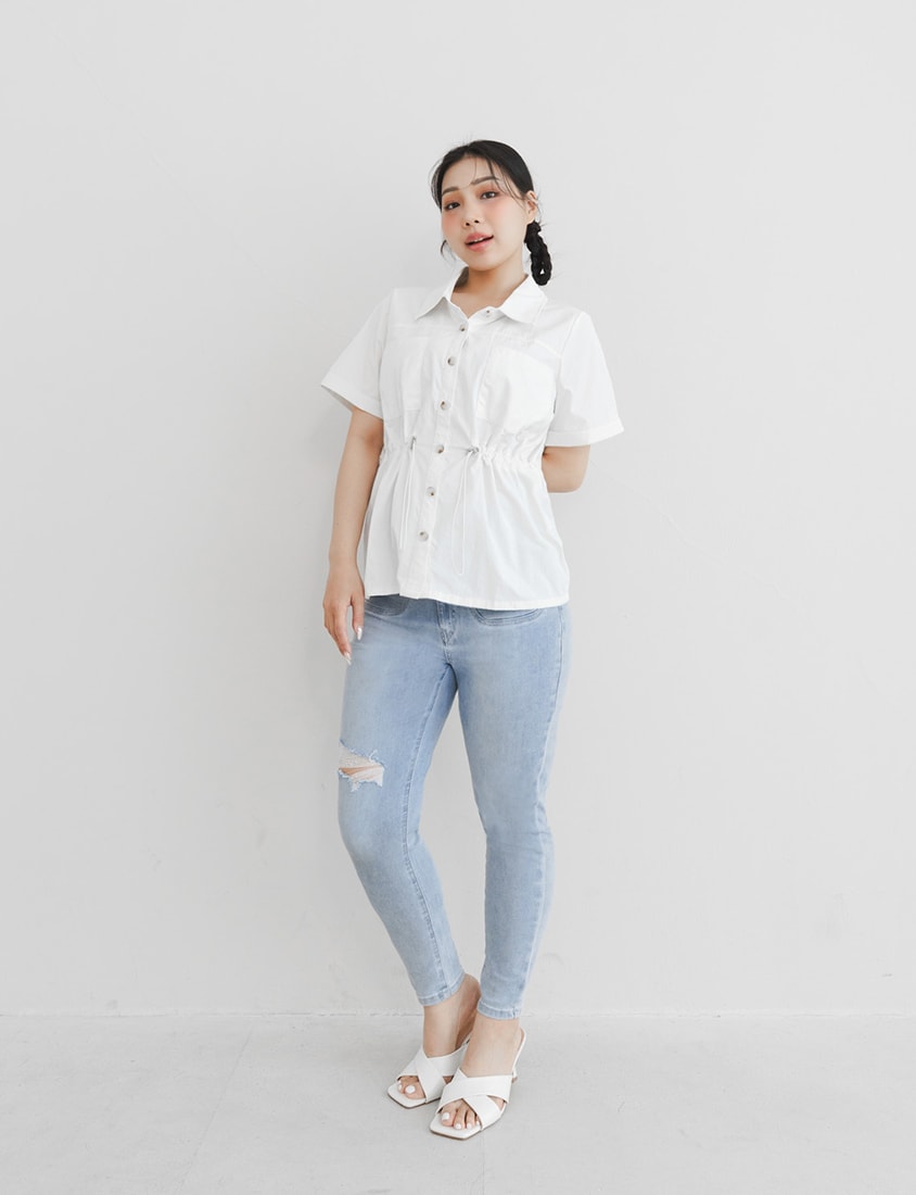 Pockets Cargo Drawstring Waist Plus Size Shirt