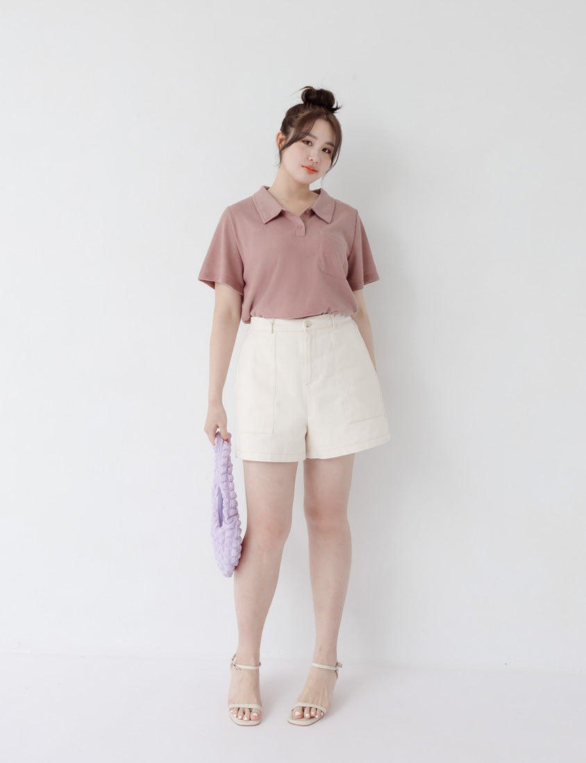 Twill Contrast Stitch High Waist Plus Size Shorts