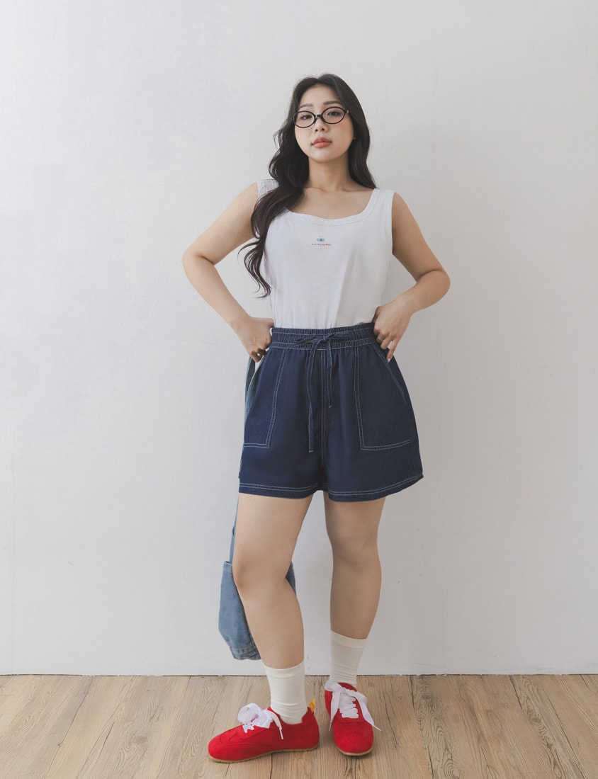 Skin-Friendly Lyocell Silky Denim Contrast Stitch Plus Size Shorts