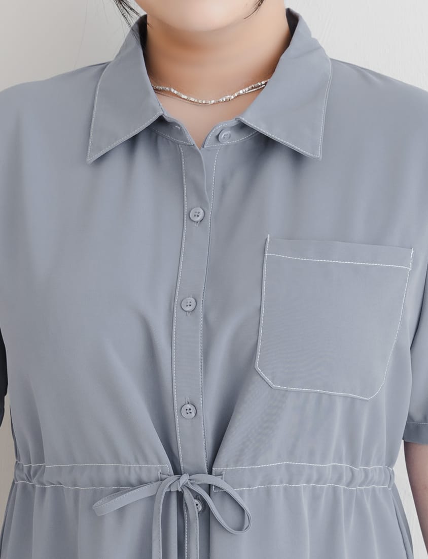 MISS. Contrast Stitch Drawstring Long Plus Size Shirt